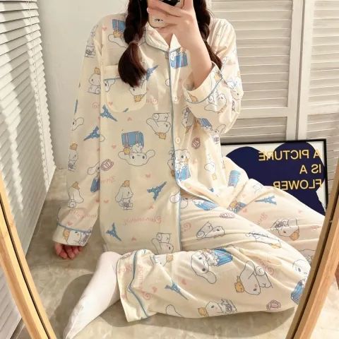 Spring and Autumn Long Sleeve Trousers Cardigan Lapel Imitation Cotton 180g Pajamas Women's Sweet Cartoon Home Clothing Women's Set