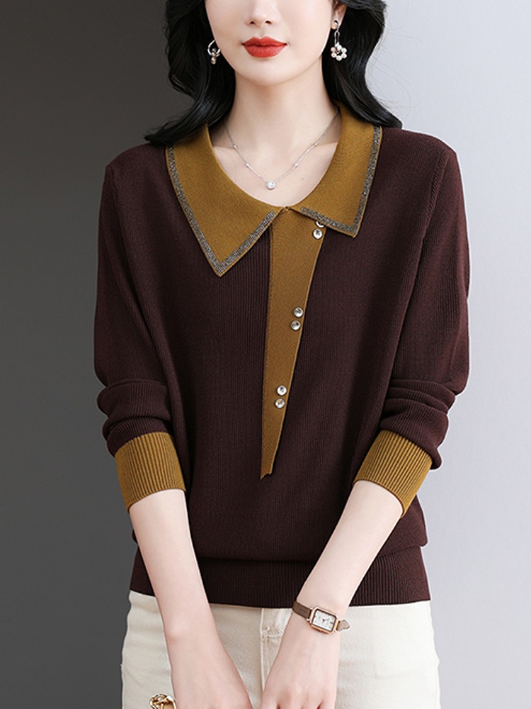 Lapel long-sleeved T-shirt women's top knitted sweater fashionable doll collar sweater small shirt spring wool base shirt