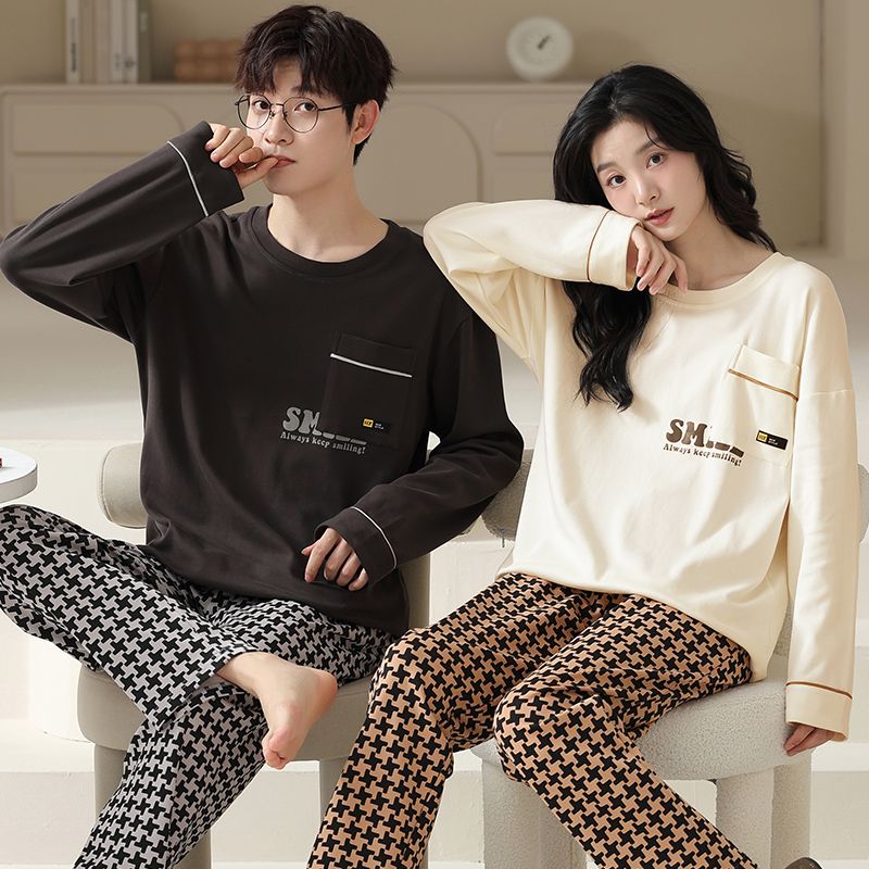 Spring pure cotton couple round neck long sleeve trousers pajamas men and women suit home casual clothing