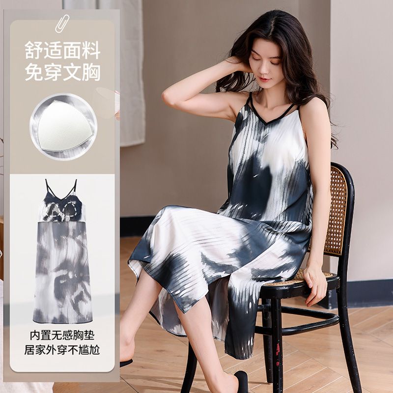 Summer ice and snow ribbon chest pad sexy suspender nightgown women's home dress dress dress