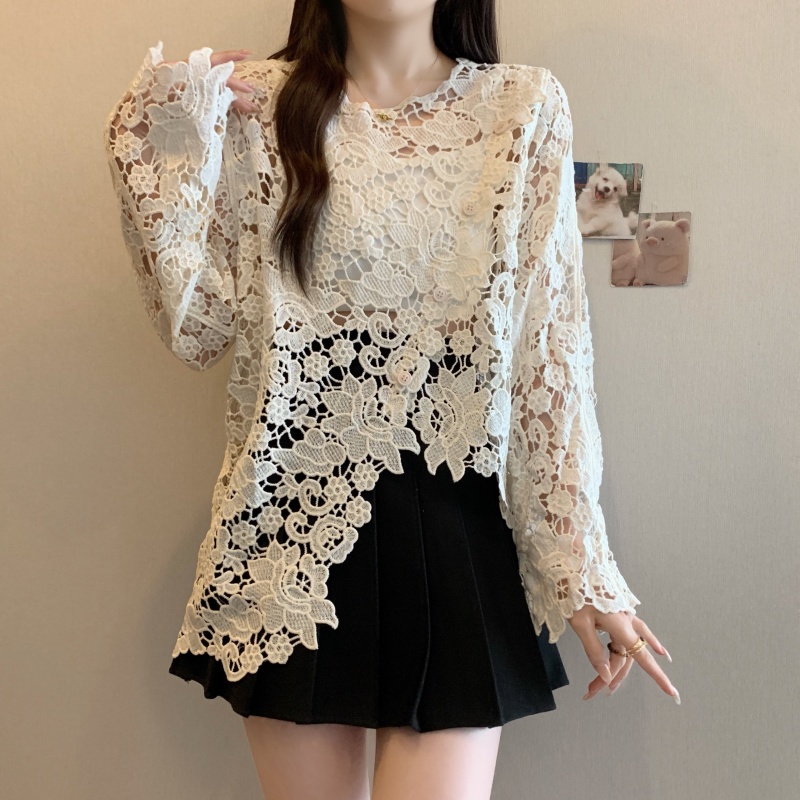Real shot of 2025 large-size women's clothing spring and summer new fat MM Korean irregular design lace hollow embroidered top