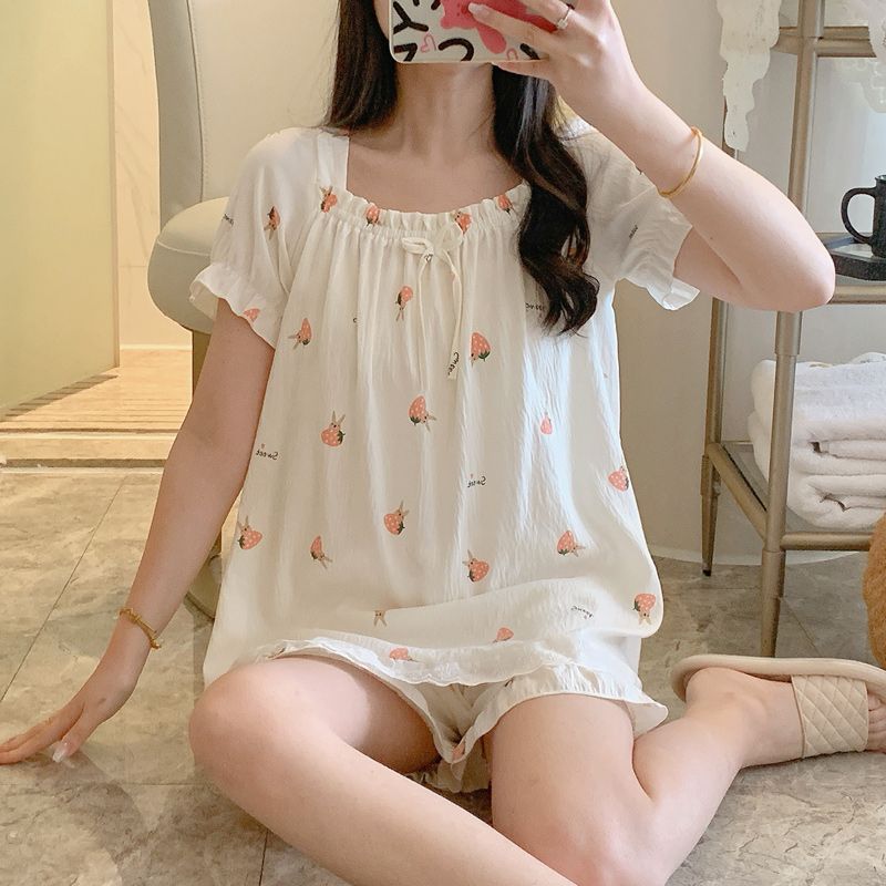 Summer cloud cotton edge square collar one-shoulder short-sleeved pajamas women's suit casual home clothes