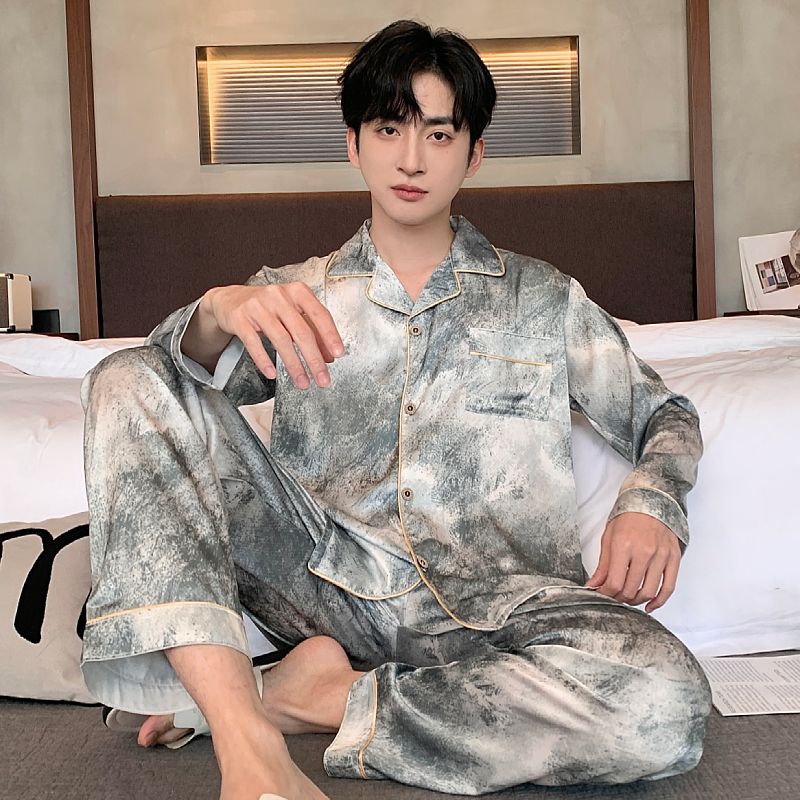 Spring ice silk men's lapel cardigan long sleeve trousers pajamas men's suit home clothes