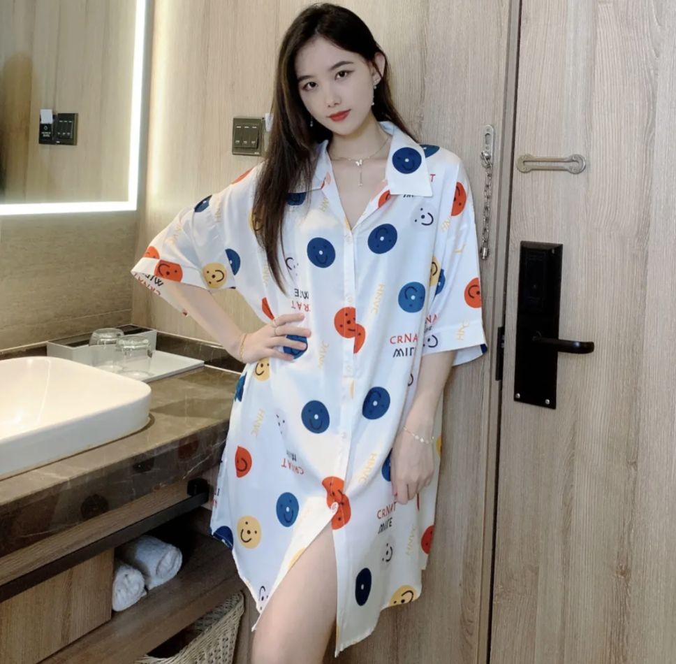 Summer ice and snow silk high density lapel cardigan short-sleeved women's nightgown sensual open button skirt women