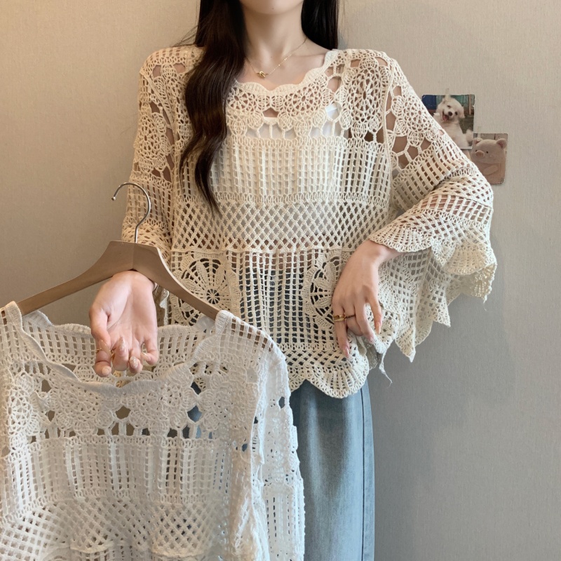 Real shot-2025 large-size women's summer new style fat girl fashionable age-reducing lace hook and hollow versatile blouse