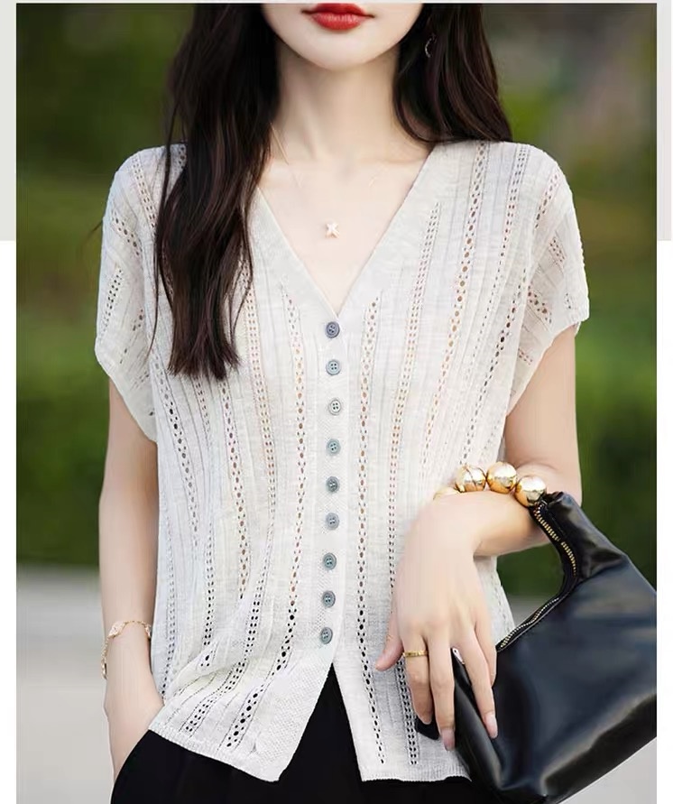 Bamboo joint cotton T-shirt for women 2025 new summer fashion loose slim v-neck sweater cotton linen short-sleeved top