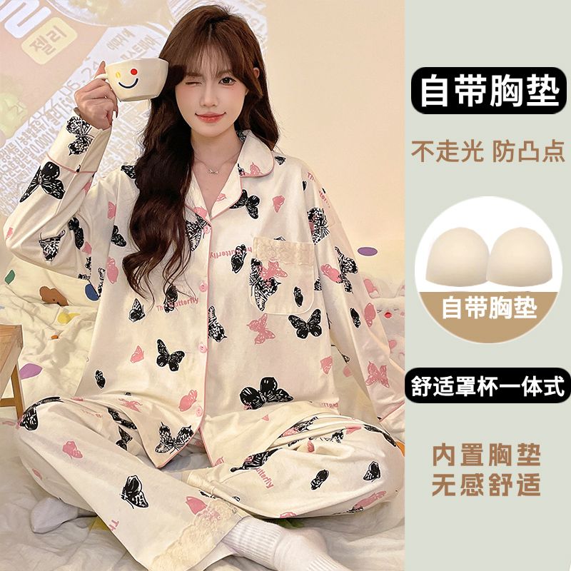 Spring imitation cotton with chest pad lapel cardigan long-sleeved pajamas women's suit home clothes