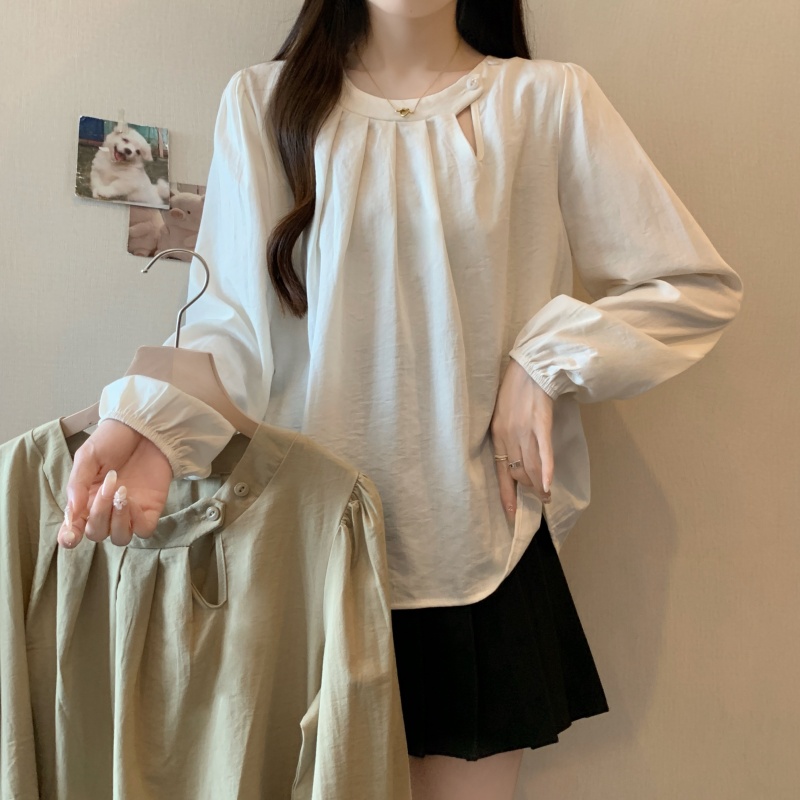 Real shot-2025 spring new large-size fat MM Korean round neck button hollow design feeling covering flesh to make you look slim shirt