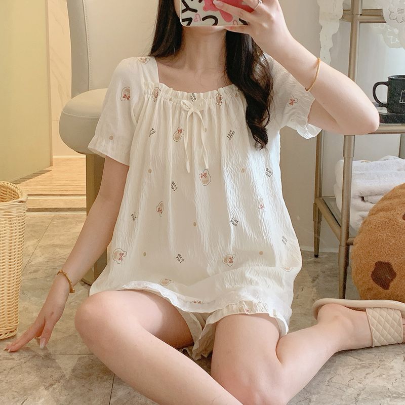 Summer cloud cotton edge square collar one-shoulder short-sleeved pajamas women's suit casual home clothes