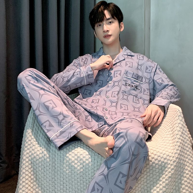 Spring and Autumn Pure Cotton Men's Lapel Cardigan Long Sleeve Pajamas Men's Set Casual Home Clothing