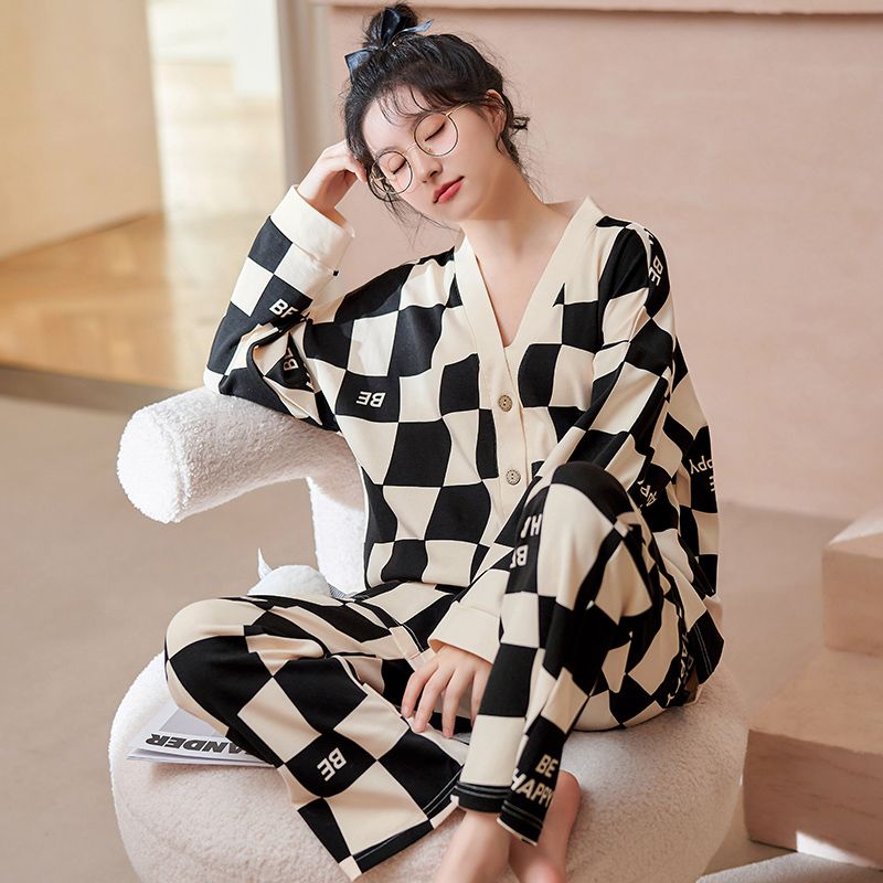 Spring imitation cotton sweet V-neck cardigan long sleeve trousers pajamas women's suit casual home clothes
