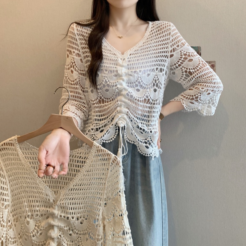 Real shot-2025 large-size women's spring and summer new style fat girl fashionable age-reducing lace hollow embroidered drawstring top