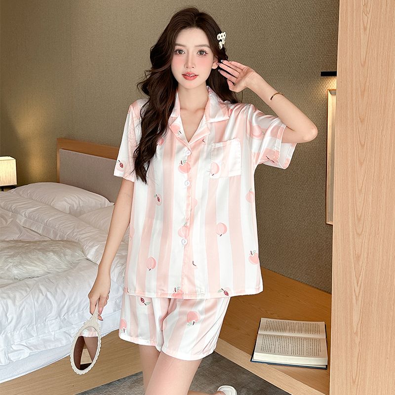 Summer ice and snow silk lapel cardigan shorts shorts pajamas women's suit casual home clothes