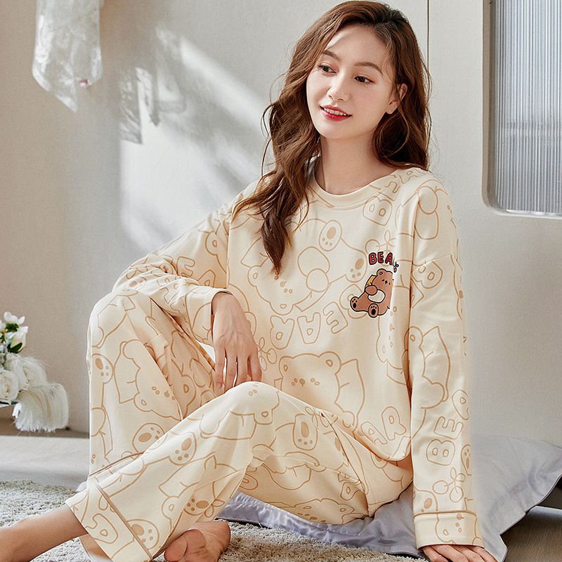 Pajamas for women in spring and autumn long sleeves thin milk silk cute cartoon two-piece set casual home clothes