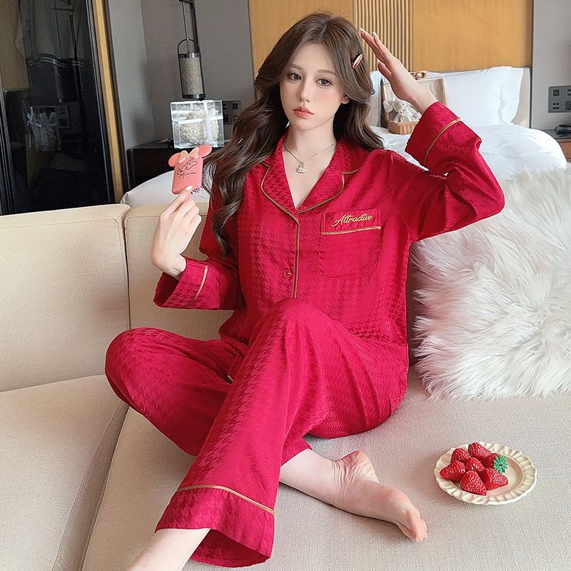 Spring emulated silk jacquard wedding plus fat size lapel cardigan long-sleeved pajamas women's suit