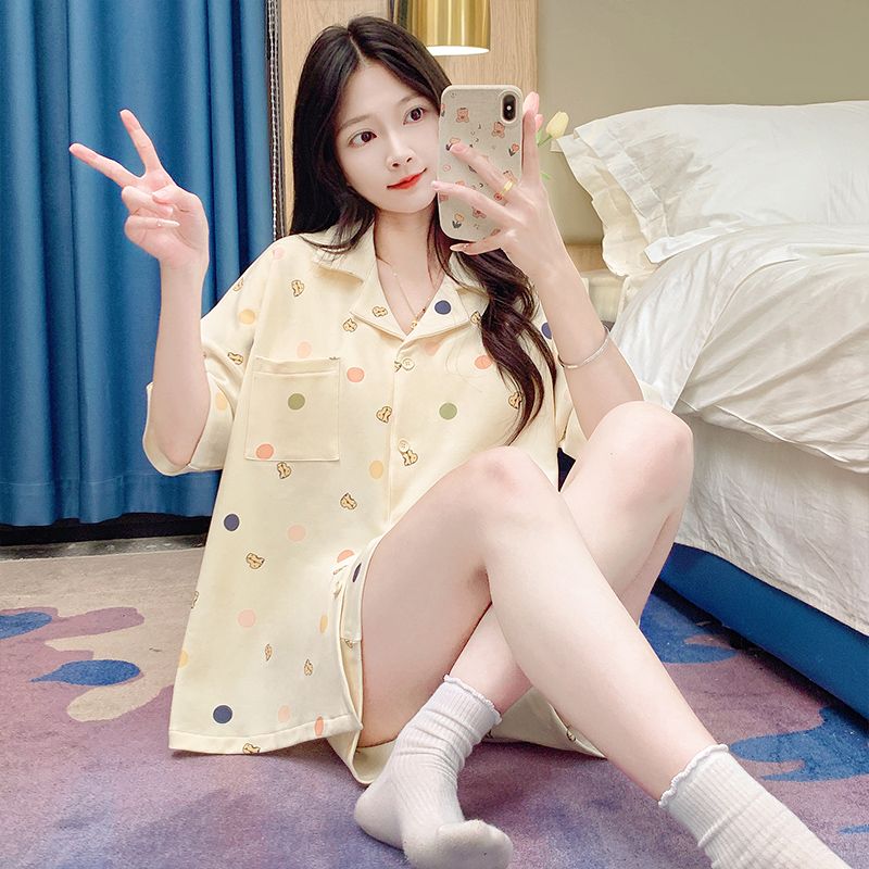 Summer imitation cotton lapel cardigan shorts shorts pajamas women's suit casual and comfortable home clothes