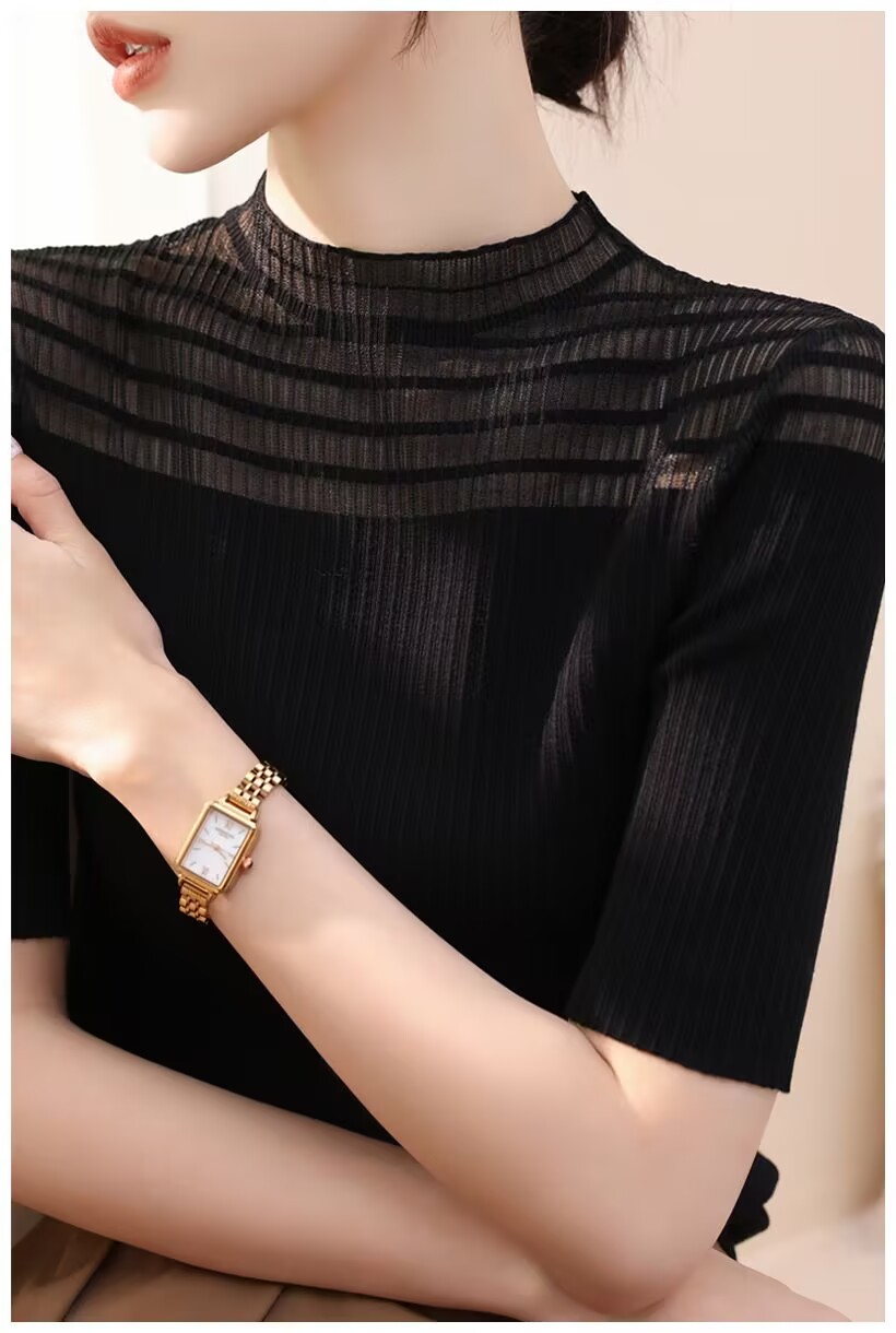 2025 new summer half-high neck hollow lace mesh short-sleeved sweater for women slim black T-shirt top thin
