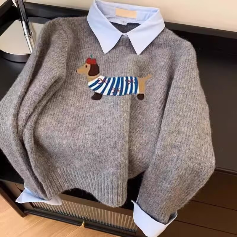 Puppy cartoon soft and glutinous gray fake two-piece shirt collar sweater women's top 2025 spring and autumn new lapel sweater