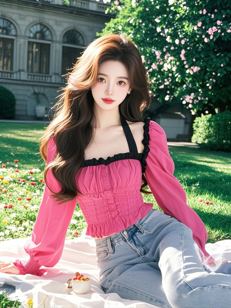 2025 spring style fashionable this year's popular neck design square neckline super beautiful age-reducing versatile pink top for women