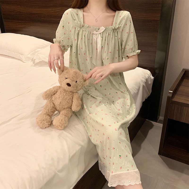 Summer cloud cotton lace lace one-shoulder short-sleeved women's nightgown loose home clothes wear outside