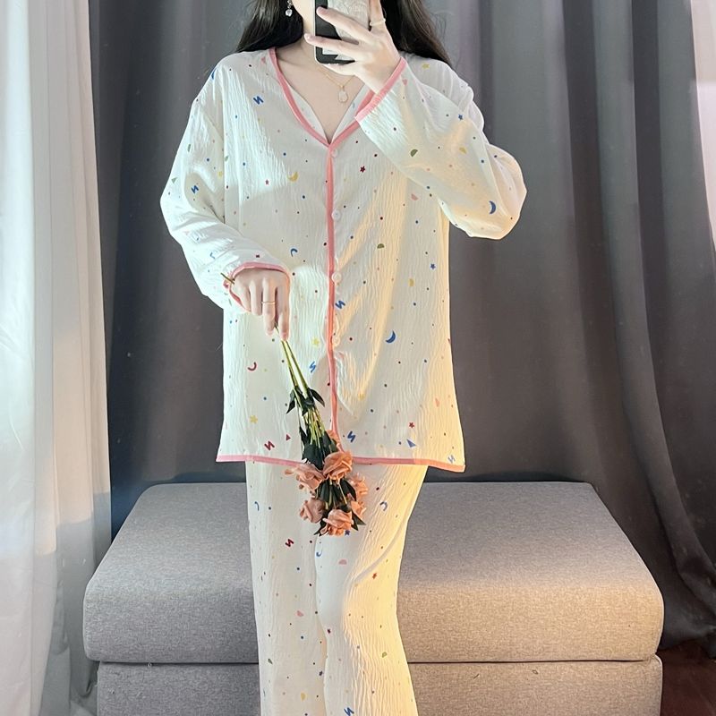 Spring and autumn ins style pajamas women long sleeves long trousers cartoon small lapel cardigan cloud cotton home clothes women's suit