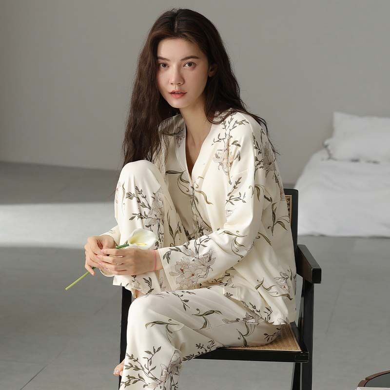 Spring imitation cotton sweet V-neck cardigan long sleeve trousers pajamas women's suit casual home clothes
