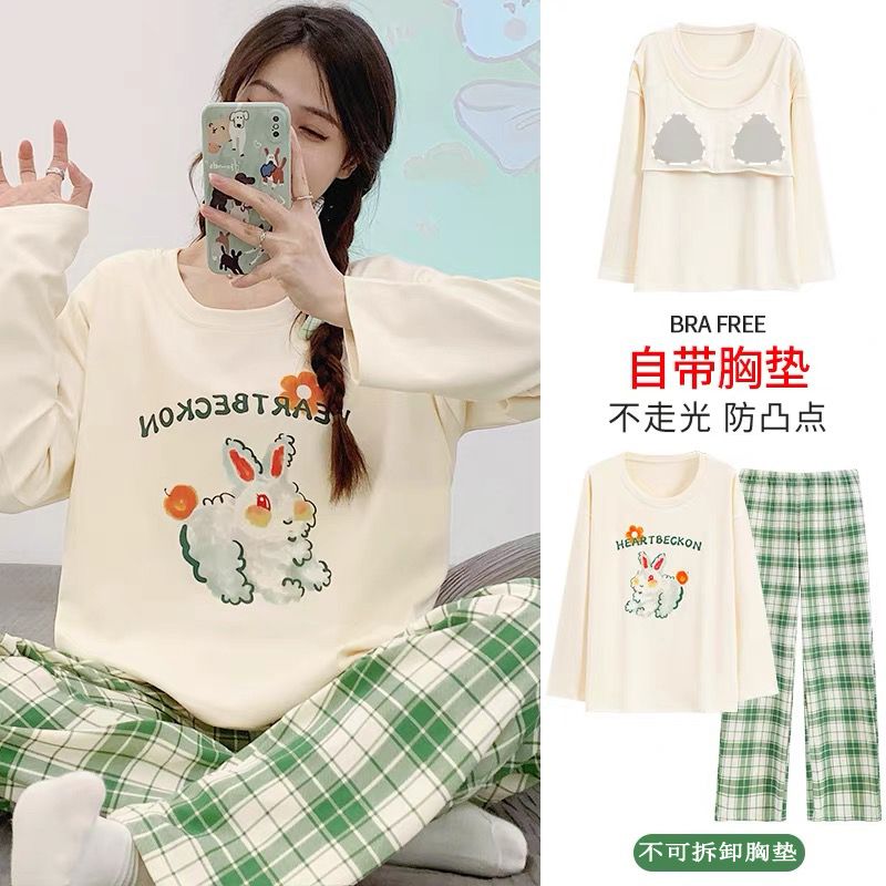Spring pajamas with chest pad for women's long-sleeved trousers two-piece pajamas round neck pullover printed home clothes can be worn outside