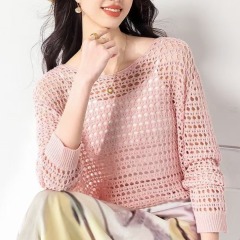 Hollow blouse and knitted sweater for women in 2025 new spring and autumn loose design chic gentle short top sweater