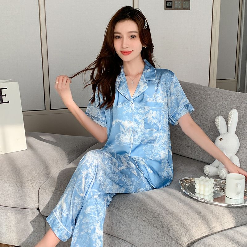 Summer ice and snow silk lapel cardigan short-sleeved trousers pajamas women's suit casual home clothes
