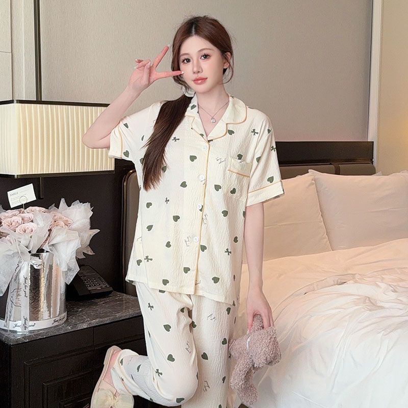 Spring cloud cotton lapel cardigan short-sleeved trousers pajamas women's suit casual home clothes