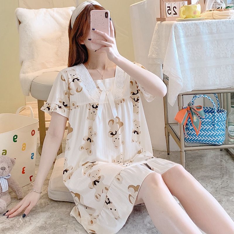 Summer milk silk pit strip lace lace square collar short-sleeved nightgown women's home clothes body dress