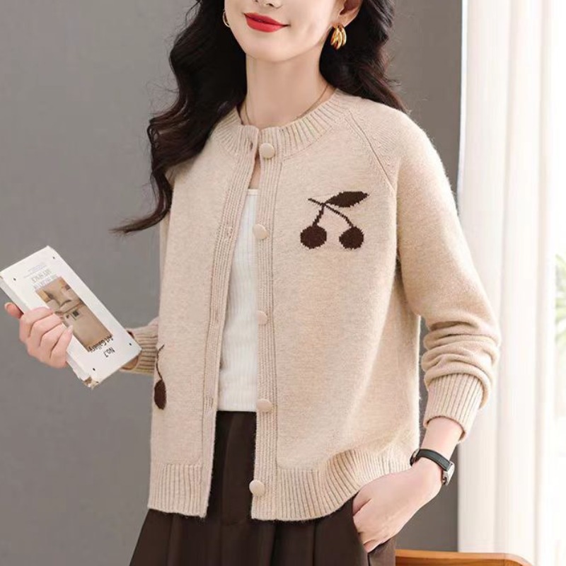 New round neck wool cardigan for women knitted versatile top loose short sweater jacket