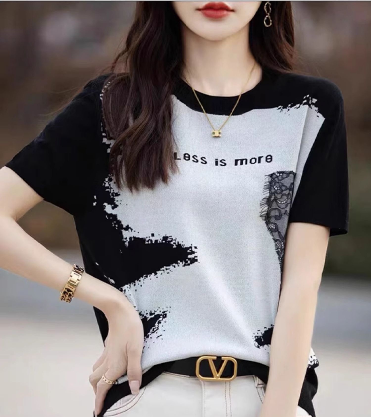 Short-sleeved T-shirt for women 2025 new ink lace fashion plus size women's summer thin ice silk sweater top
