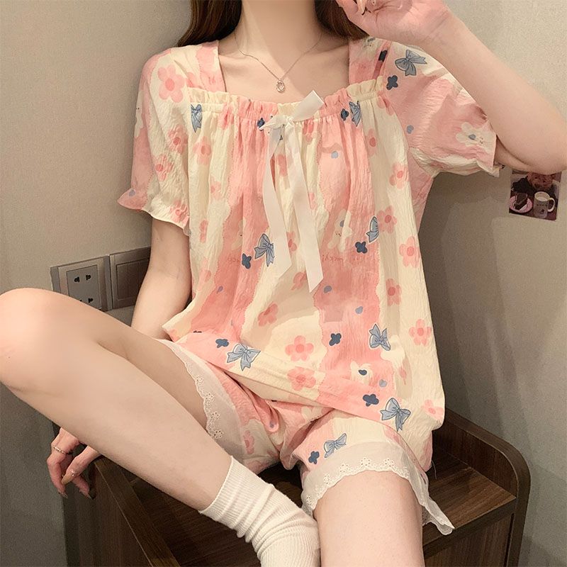 Summer cloud cotton lace lace one-shoulder short-sleeved pajamas women's suit casual home clothes