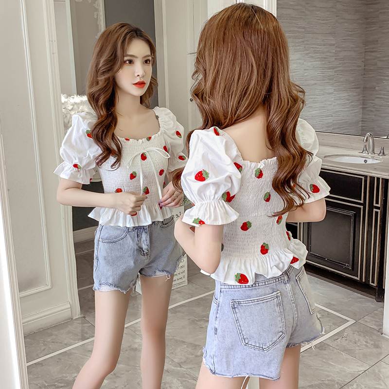 Real shot of 2025 summer versatile embroidered one-shoulder top short sleeve loose short shirt top