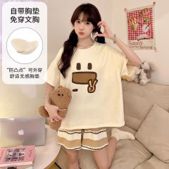 Summer imitation cotton with chest pad cartoon round neck short-sleeved pajamas women's suit casual home clothes