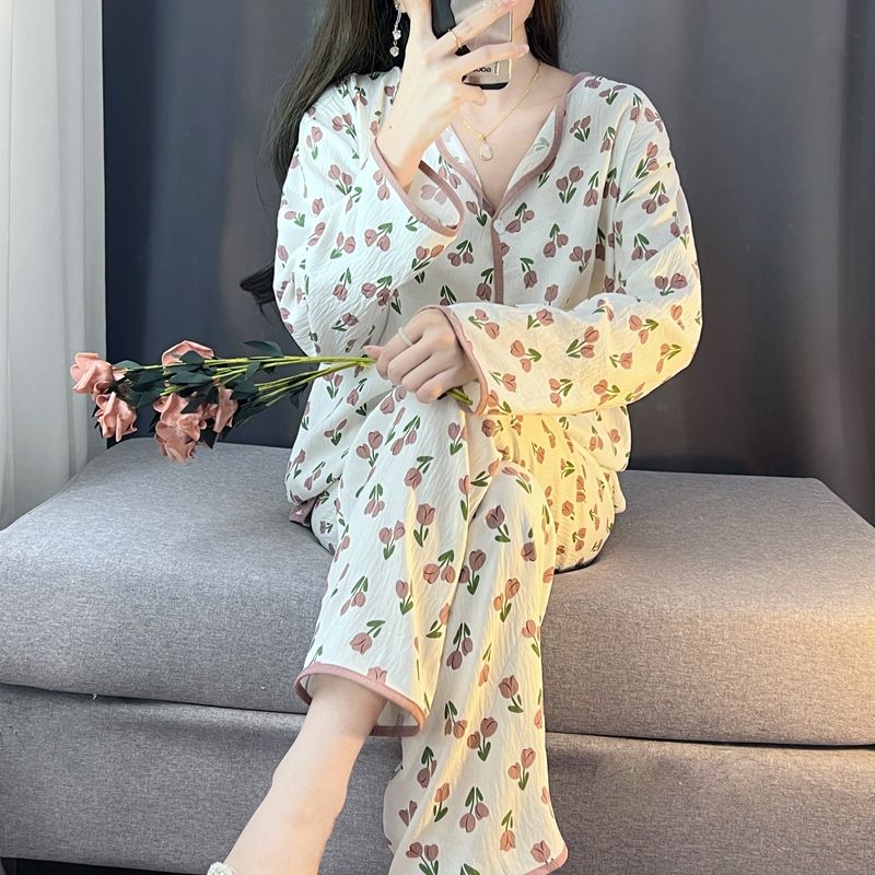 Spring and autumn ins style pajamas women long sleeves long trousers cartoon small lapel cardigan cloud cotton home clothes women's suit
