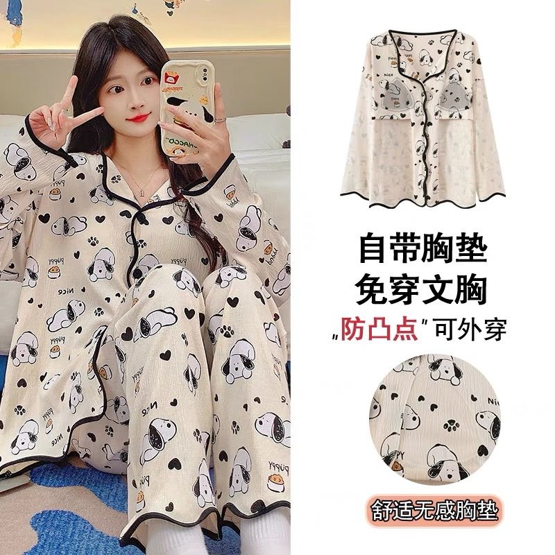 New cardigan with chest pad in spring and autumn, small fragrance style cartoon long-sleeved pajamas for women, sweet home clothes for women, can be worn outside