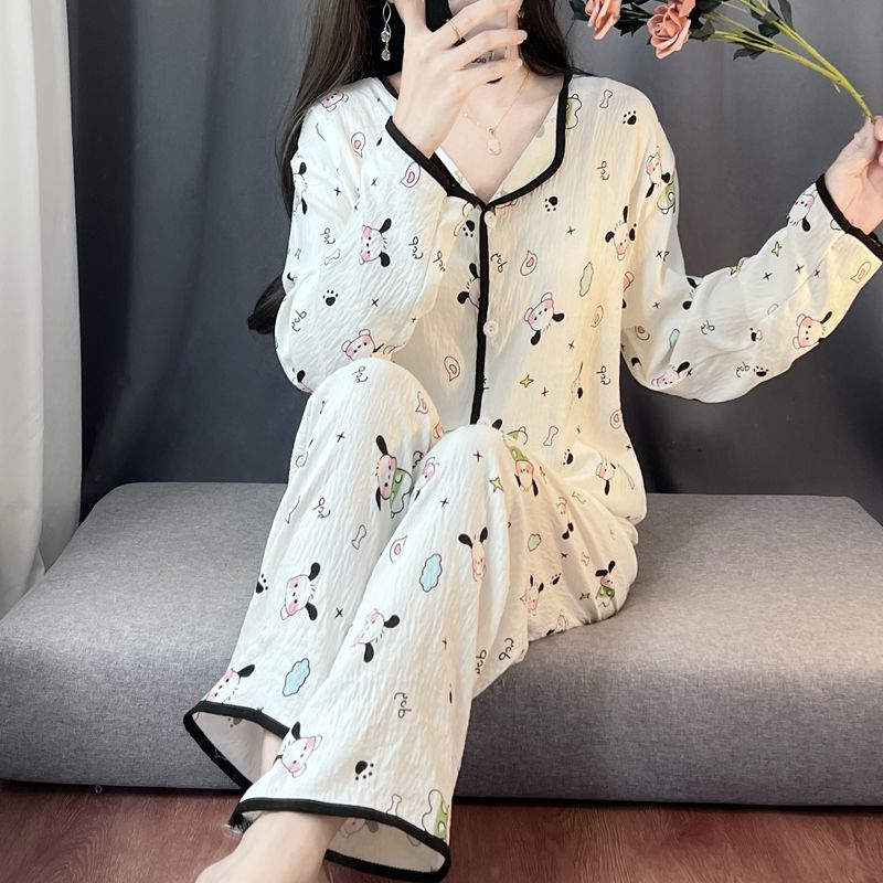 Spring and autumn ins style pajamas women long sleeves long trousers cartoon small lapel cardigan cloud cotton home clothes women's suit
