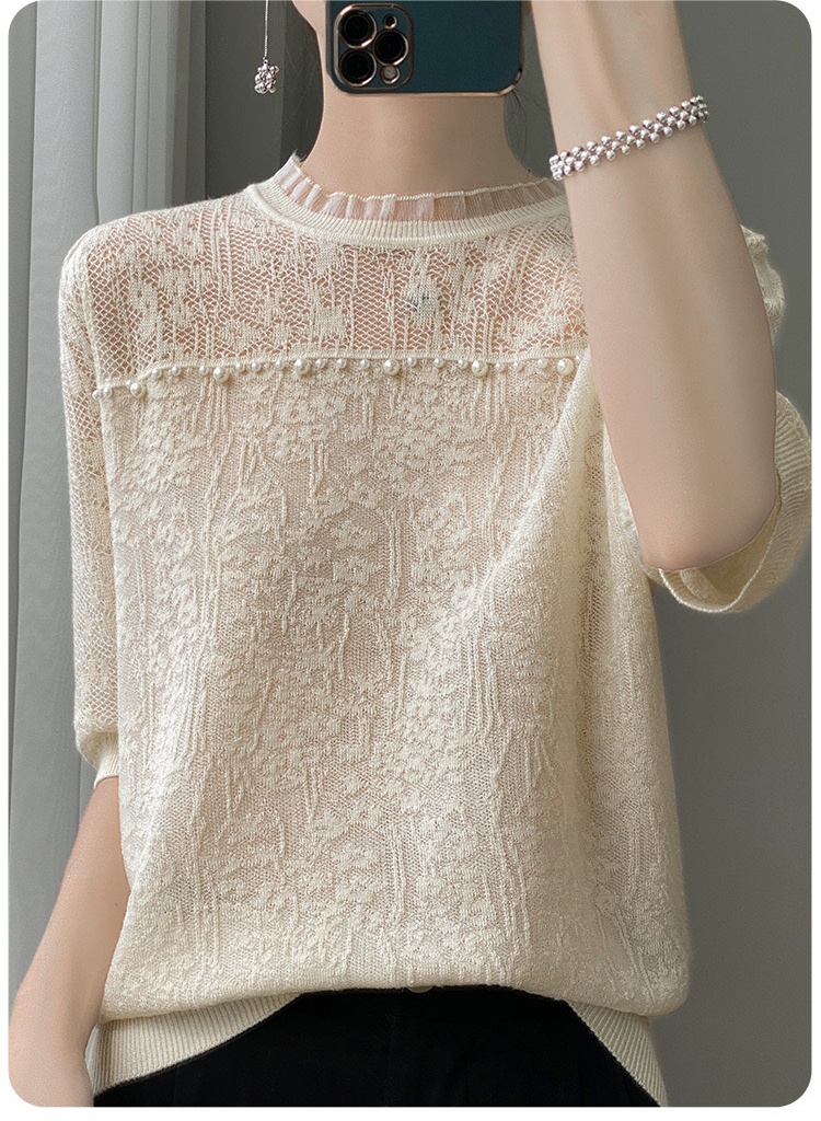 New summer style ice silk knitted short-sleeved T-shirt for women's thin hollow lace spliced ​​half-sleeved top