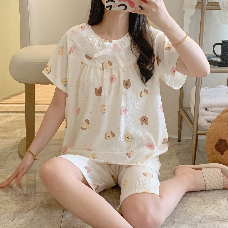 Summer cloud cotton edge square collar one-shoulder short-sleeved pajamas women's suit casual home clothes