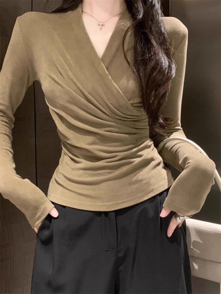 Black cross v-neck long-sleeved T-shirt pure inner pleated shoulder top
