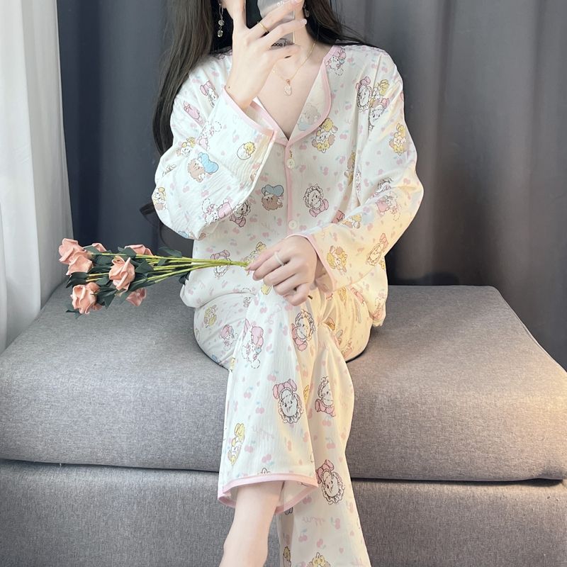 Spring and autumn ins style pajamas women long sleeves long trousers cartoon small lapel cardigan cloud cotton home clothes women's suit