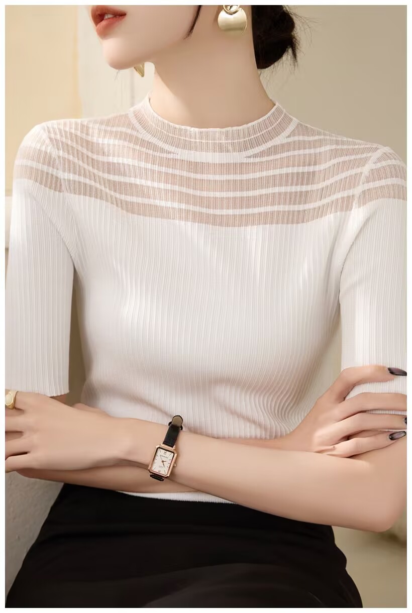 2025 new summer half-high neck hollow lace mesh short-sleeved sweater for women slim black T-shirt top thin