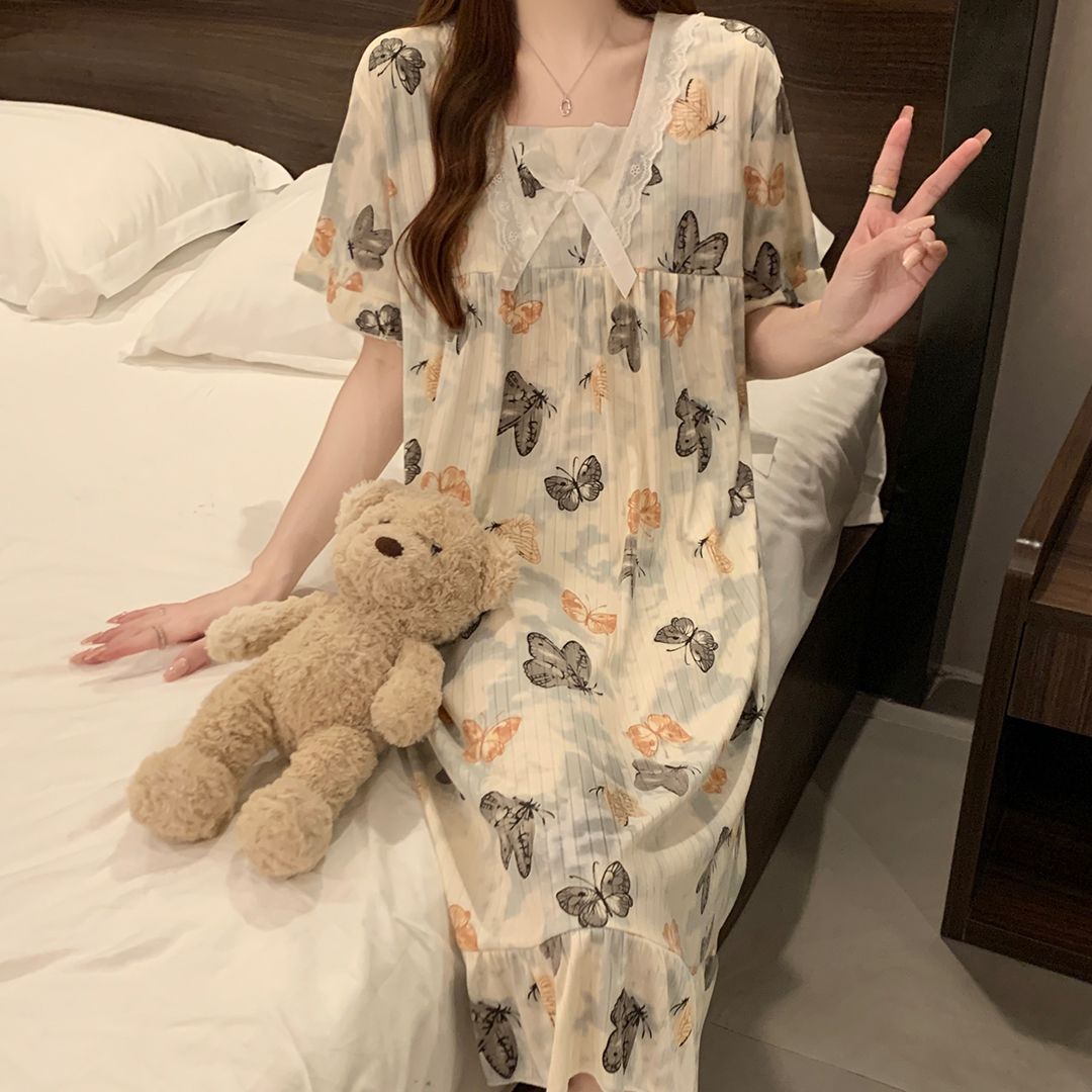 Summer milk silk pit strip lace lace square collar short-sleeved nightgown women's home clothes body dress