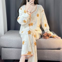 Spring and autumn ins style pajamas women long sleeves long trousers cartoon small lapel cardigan cloud cotton home clothes women's suit