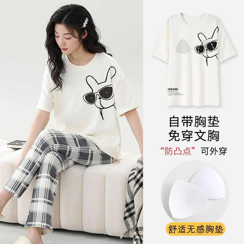 Summer tie-up imitation cotton with chest pad round neck short-sleeved trousers pajamas women's suit home clothes