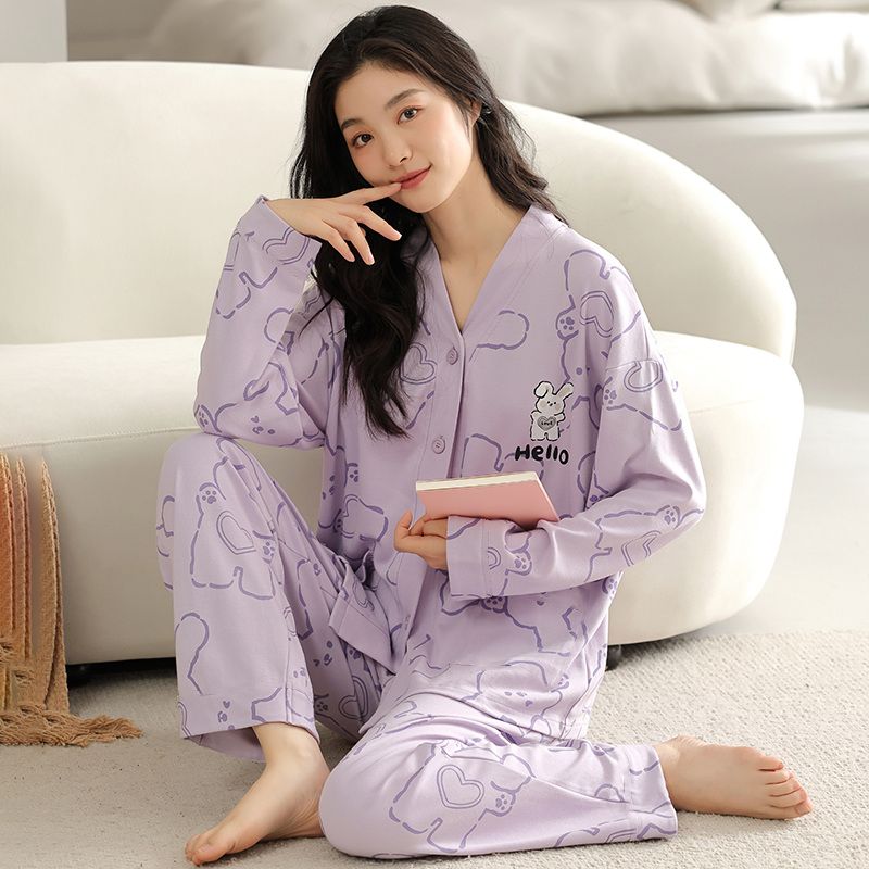 Spring imitation cotton sweet V-neck cardigan long sleeve trousers pajamas women's suit casual home clothes