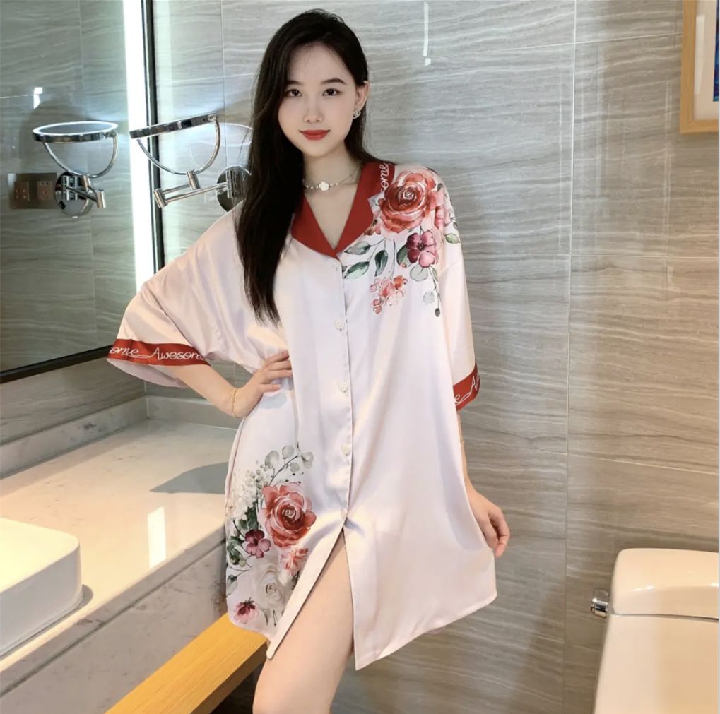 Summer ice and snow silk high density lapel cardigan short-sleeved women's nightgown sensual open button skirt women