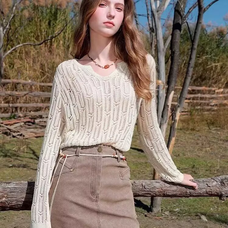 2025 Spring New Nomadic Hollow Shirt Lazy Knitted Sweater Loose Pullover Round Neck Shirt